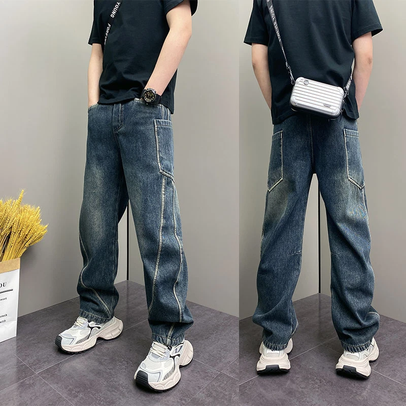 美式痞帅牛仔裤2024冬季爆款水洗拼接款弯刀裤潮流韩版加绒阔腿裤