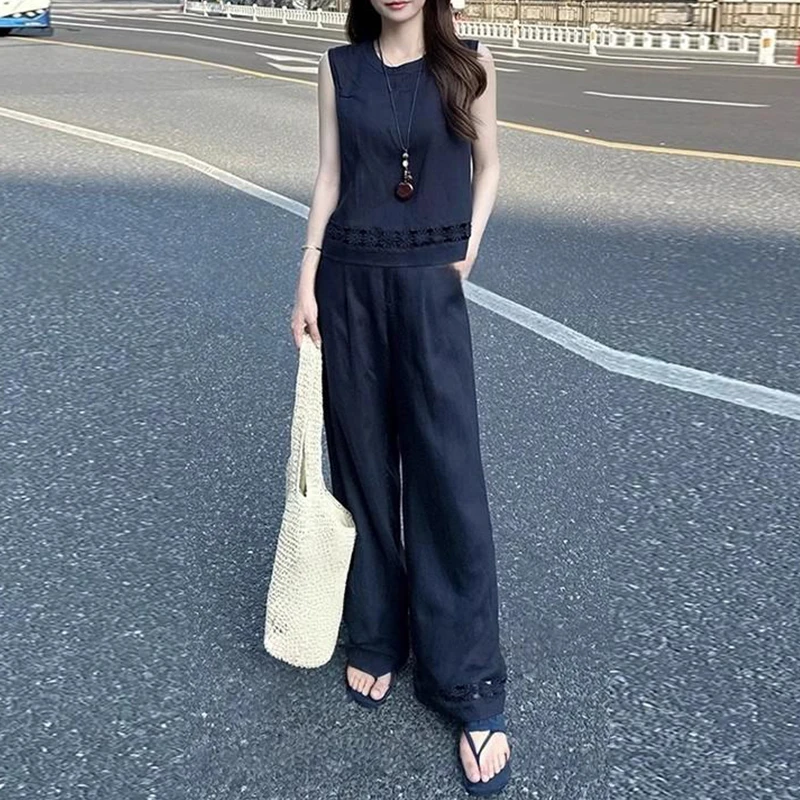 时尚套装女2025夏季新款洋气显瘦减龄无袖背心上衣阔腿裤两件套潮