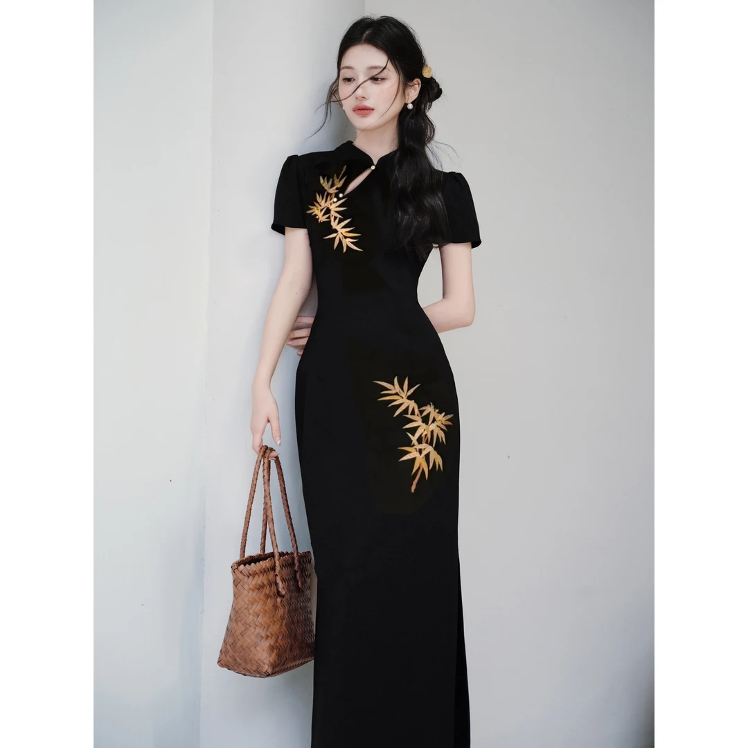 夏季新中式古法日常金竹子刺绣黑色显瘦改良旗袍裙气质包臀连衣裙