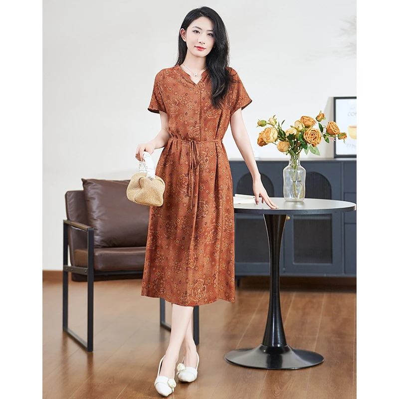 迪欧芙2025年夏季新款古橘色气质显瘦轻奢女装连衣裙#XLQ18050