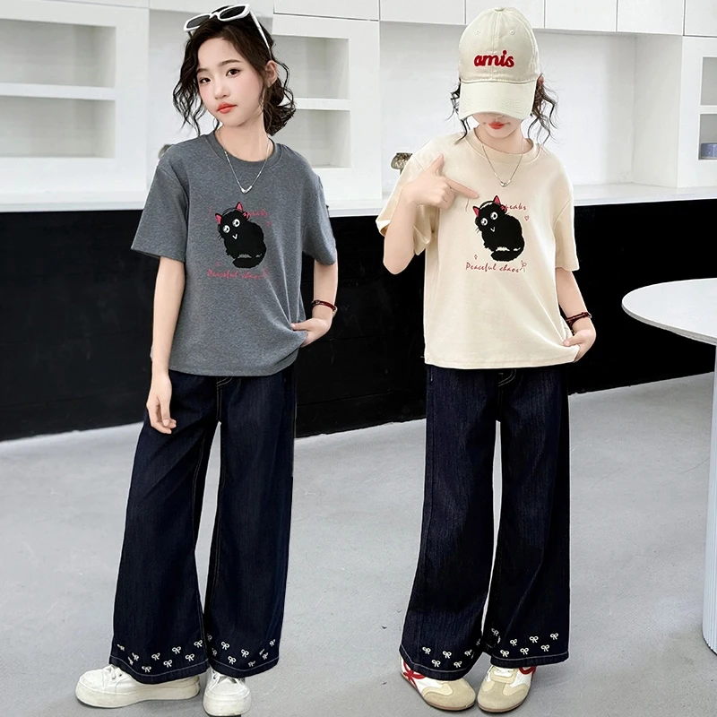 女童夏装套装2025新款6- 12岁15中大童洋气时尚百搭T恤休闲两件套