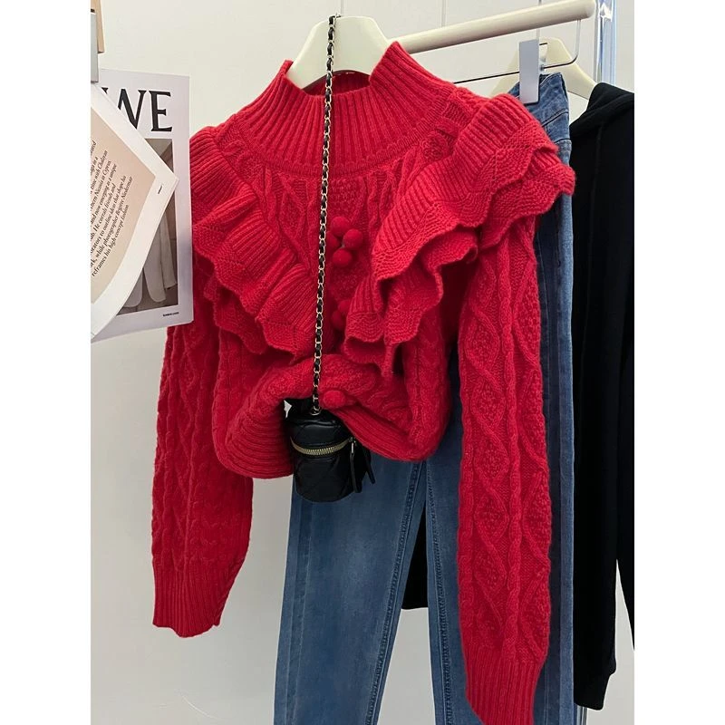 （124）秋冬款重工甜美气质针织上衣荷叶边高领套头百搭长袖针织衫