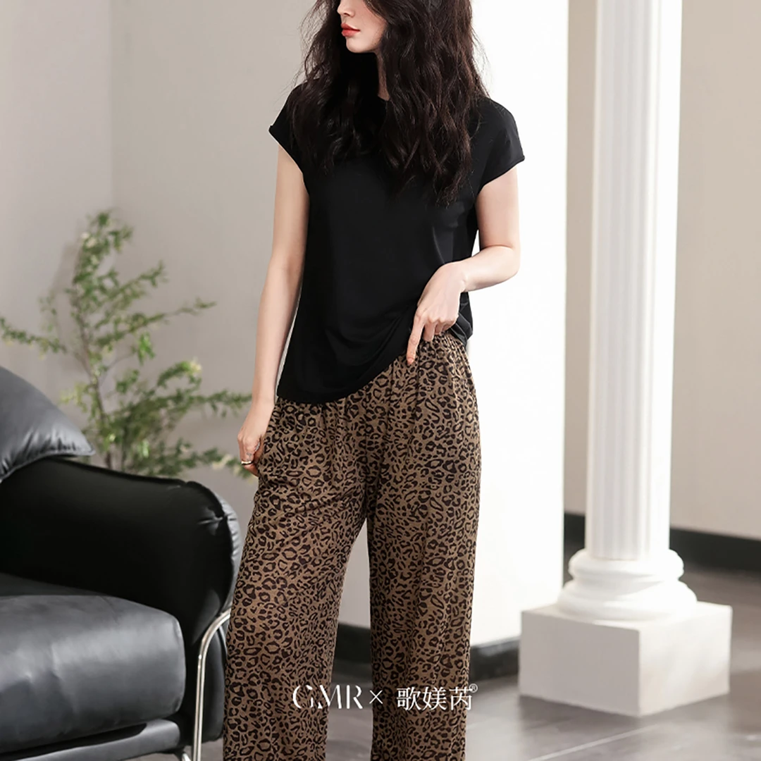 薄款睡衣夏季圆领莫代尔棉短袖长裤家居服豹纹休闲可外穿出门套装