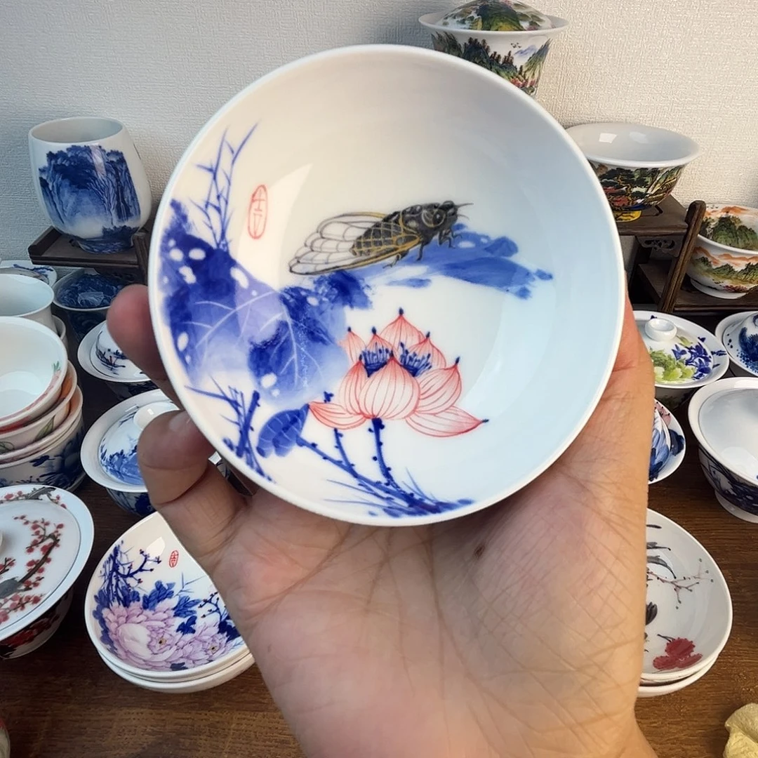 忠意堂釉下彩荷花蝉