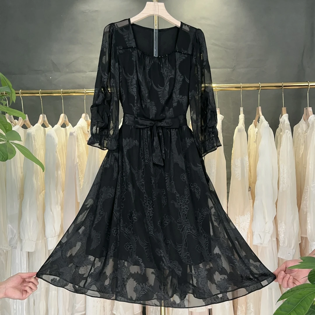 【RG5279】显瘦气质轻奢时尚黑色收腰设计师长袖复古春季法式连衣裙