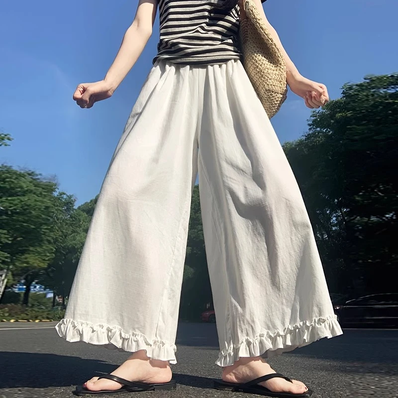 白色木耳花边阔腿裤女夏2025新款小个子休闲裤高腰宽松速干直筒裤