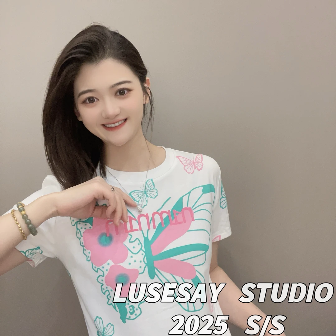 LUSESAY 设计感满印蝴蝶 早春2025新款 短袖t恤女百搭休闲上衣