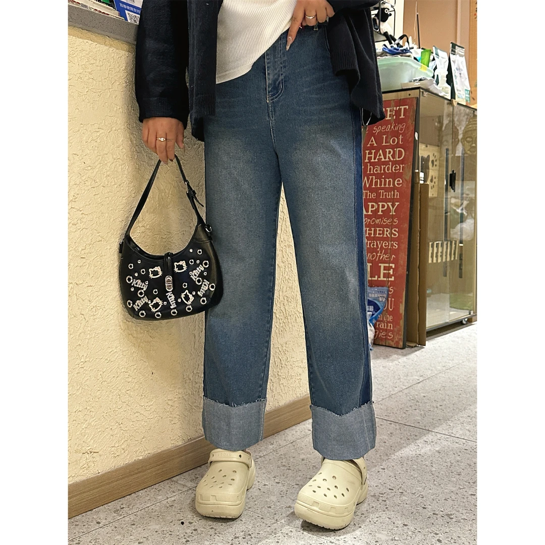 摩登分割 / 韩版直筒牛仔裤3628花契200斤胖mm春季新款休闲时尚