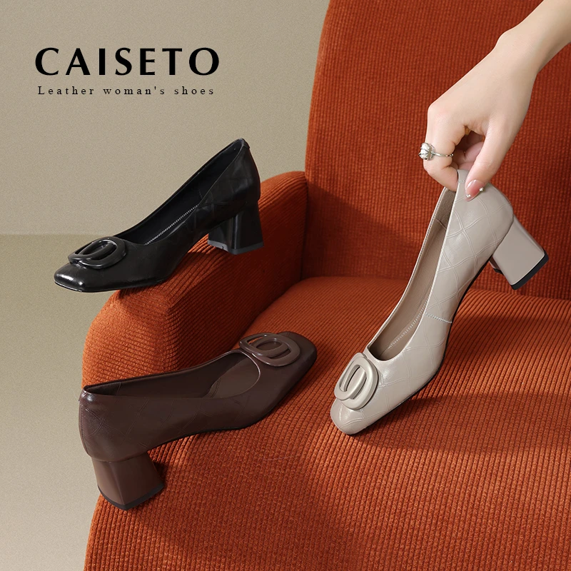 羊皮/5.5cm新款时尚方头百搭扣件高跟单鞋舒适真皮女鞋D617-5