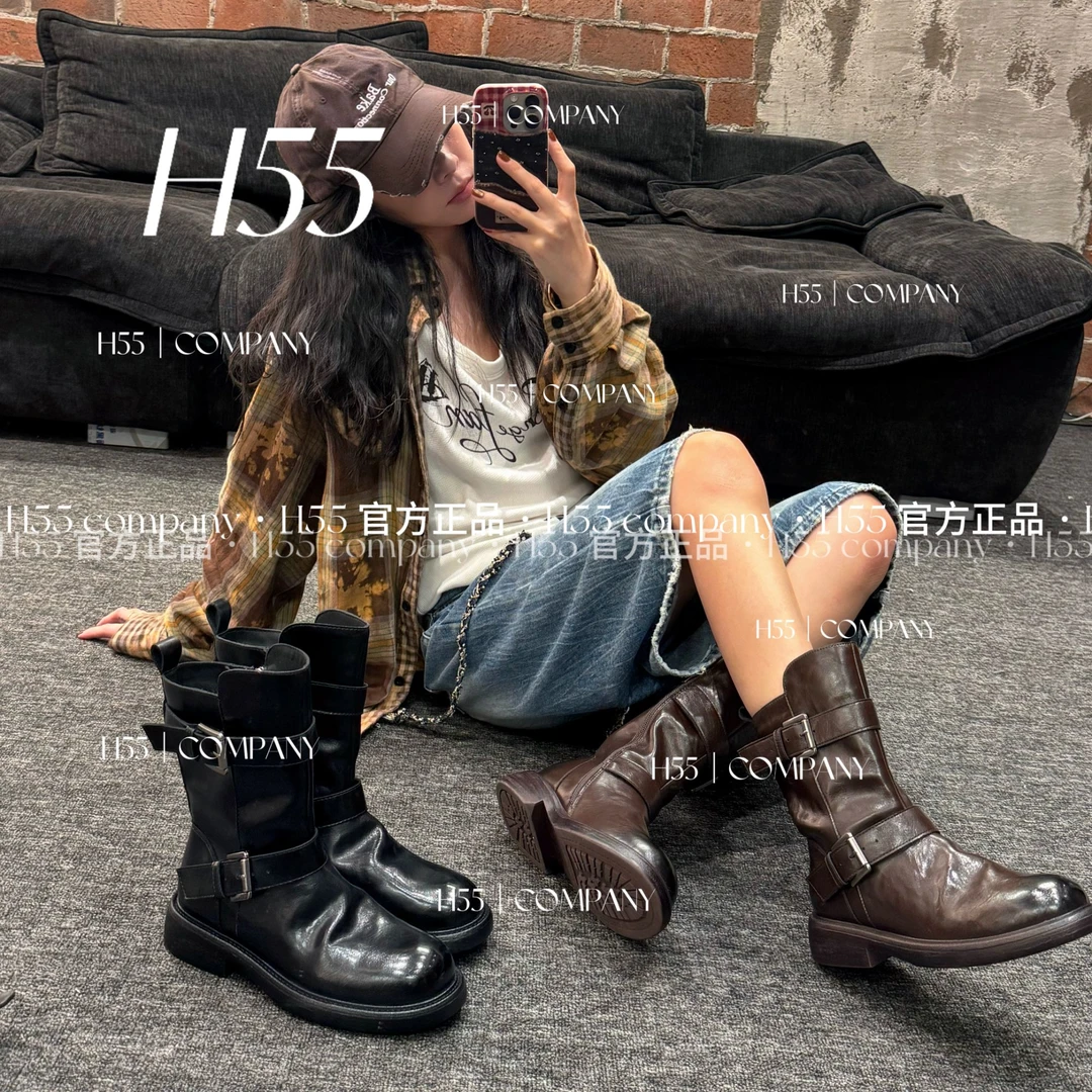 H55-《独》手抓纹沁色油蜡质感｜重工骑士靴4cm59-2880【M】