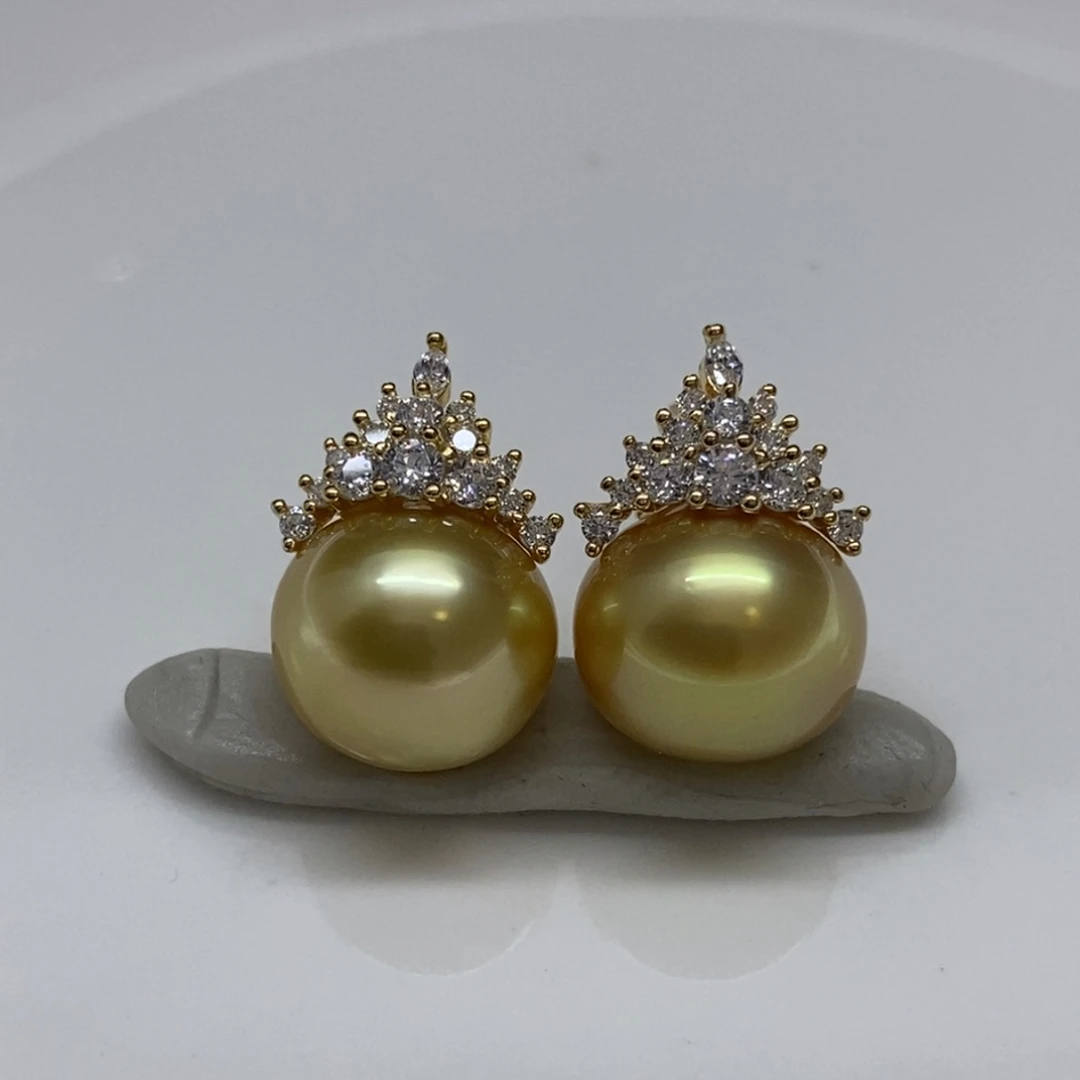 银S925镶嵌耳饰海水珍珠茶金耳饰12m m