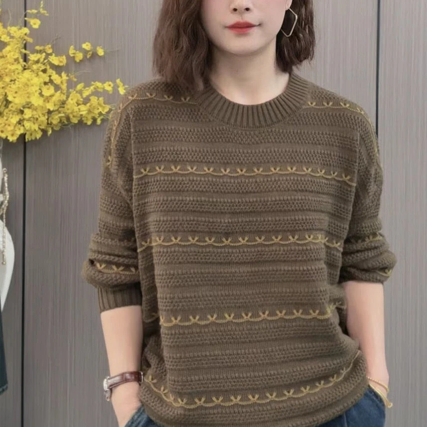 宽松显瘦【80-180斤】秋冬圆领拼色条纹针织打底女气质减龄百搭毛衣