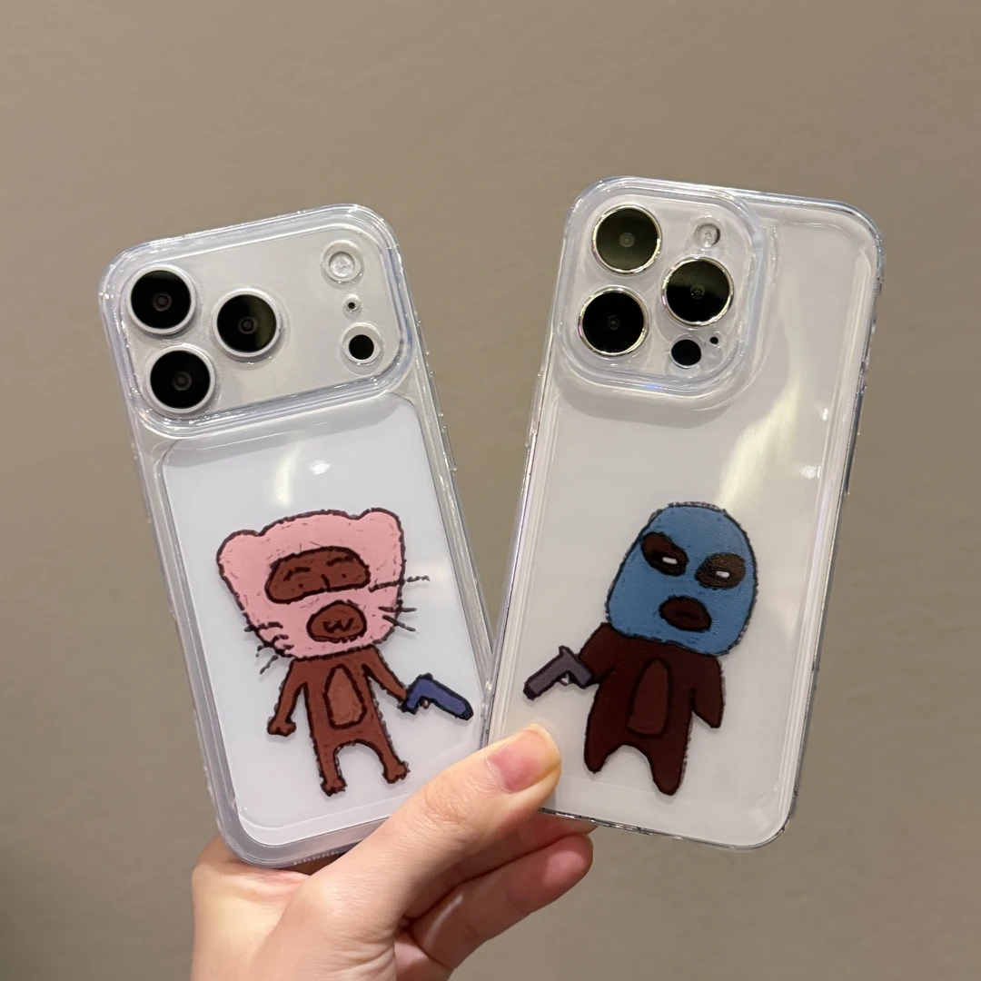 搞怪蒙面小猫情侣手机壳适用苹果17p/16pro小米华为15透明全包