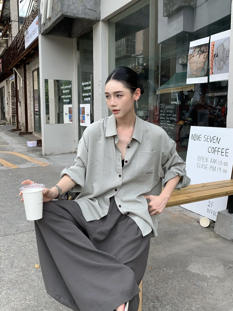 杨九七 纯色薄款长袖防晒衬衫女夏季极简轻薄休闲开衫套装 7921