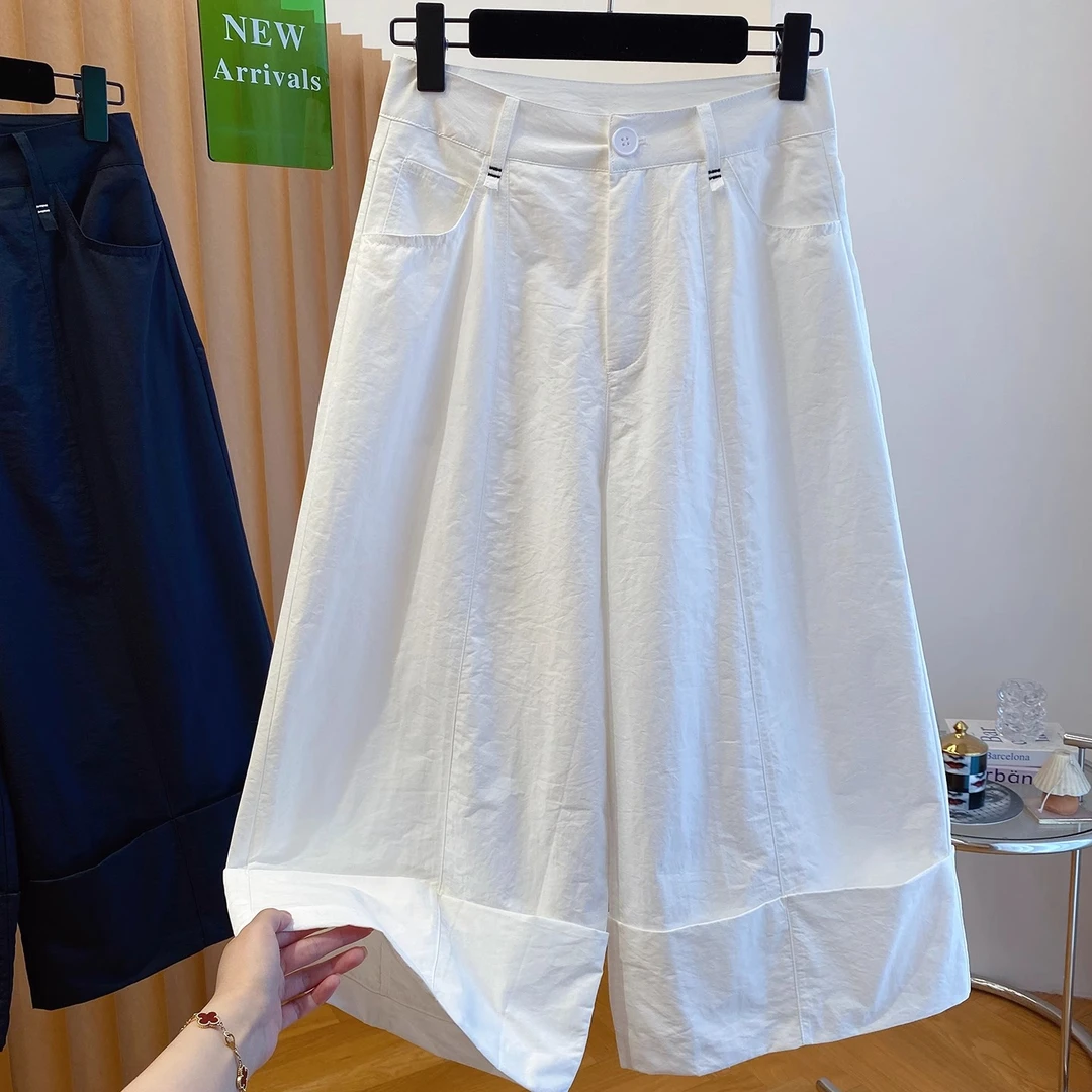白色七分阔腿裤女夏2025新款宽松休闲薄款时尚百搭a字版八分裤子