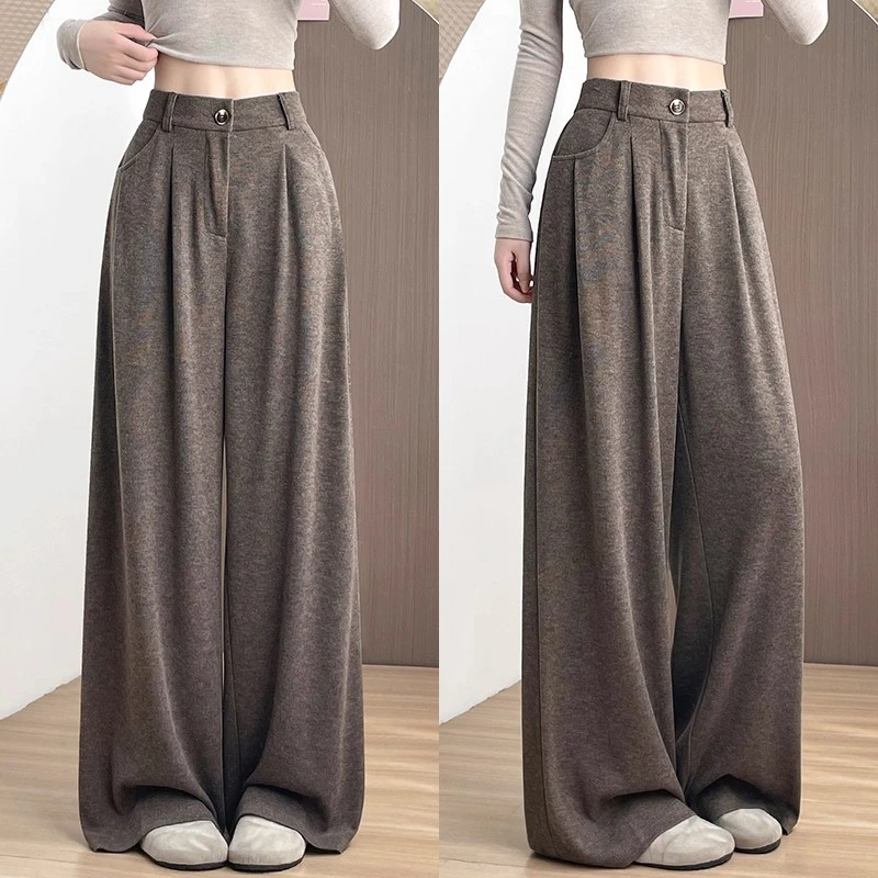 咖色糯米西装裤女秋2025新款小个子高腰显瘦直筒裤慵懒垂感阔腿裤