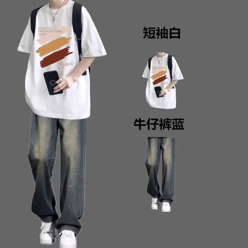 美式短袖套装男夏季学生ins潮流t恤搭配牛仔裤一整套青少年两件套
