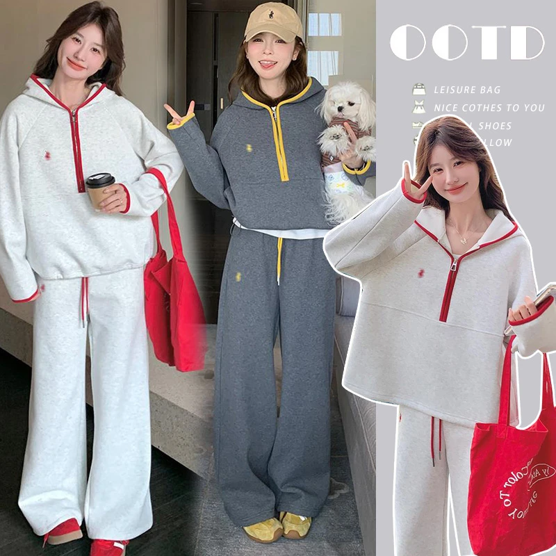 孕妇装秋季新款套装时尚韩版宽松显瘦慵懒风半拉链卫衣搭阔腿裤