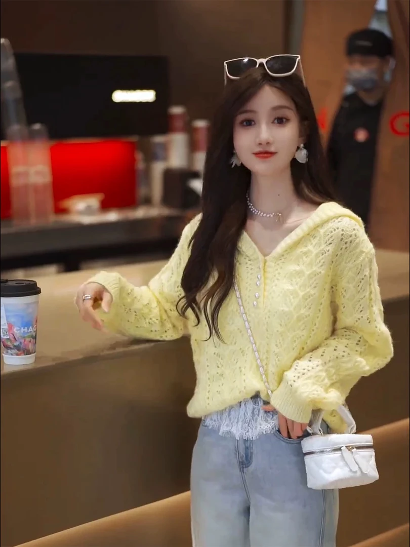 15156镂空钩花连帽针织衫女2025春季新款时尚洋气上衣