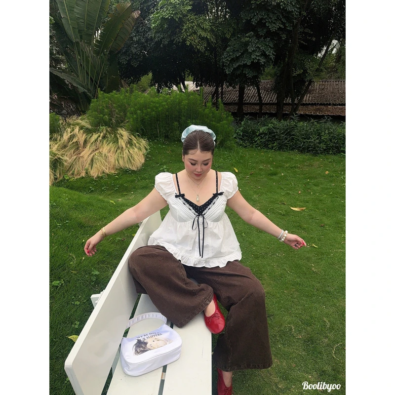 Boolibyoo恋恋笔记本 大码韩系纯欲甜美设计感假两件V领蕾丝上衣