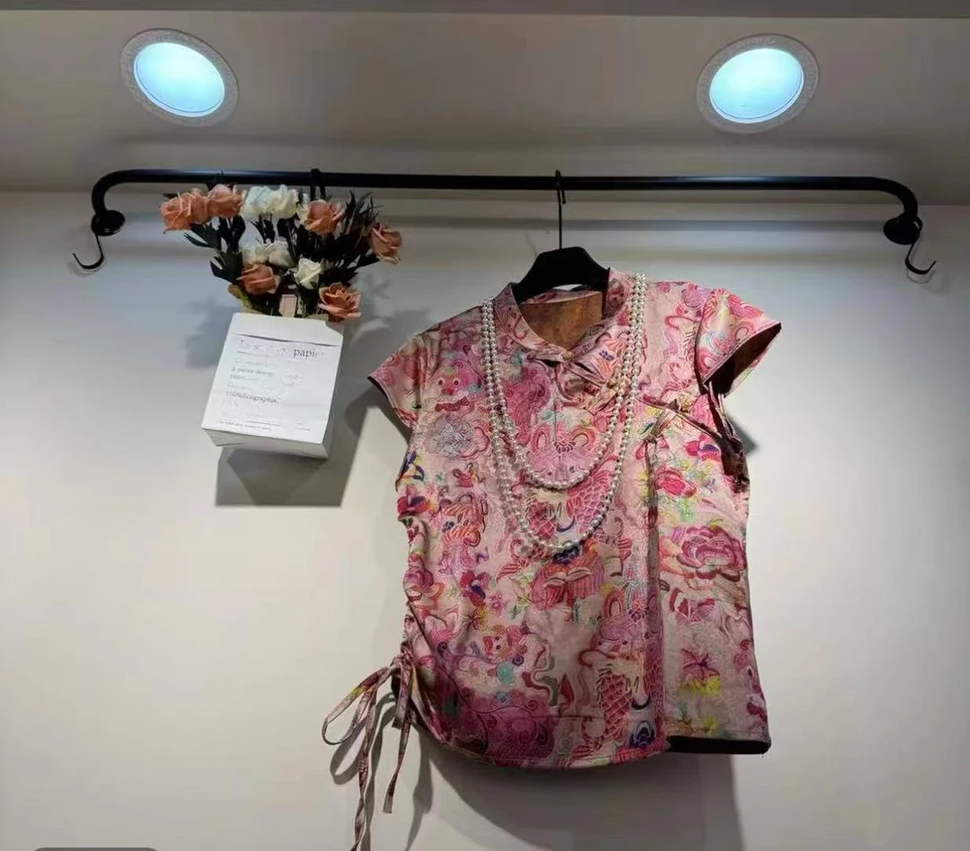 金色扣子25070 薄款印染无袖上衣中国风女款提花风苗族风格