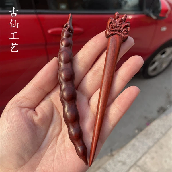 紫檀木古风小可爱豆角老虎竹叶造型短款发簪汉服配饰厂家直销