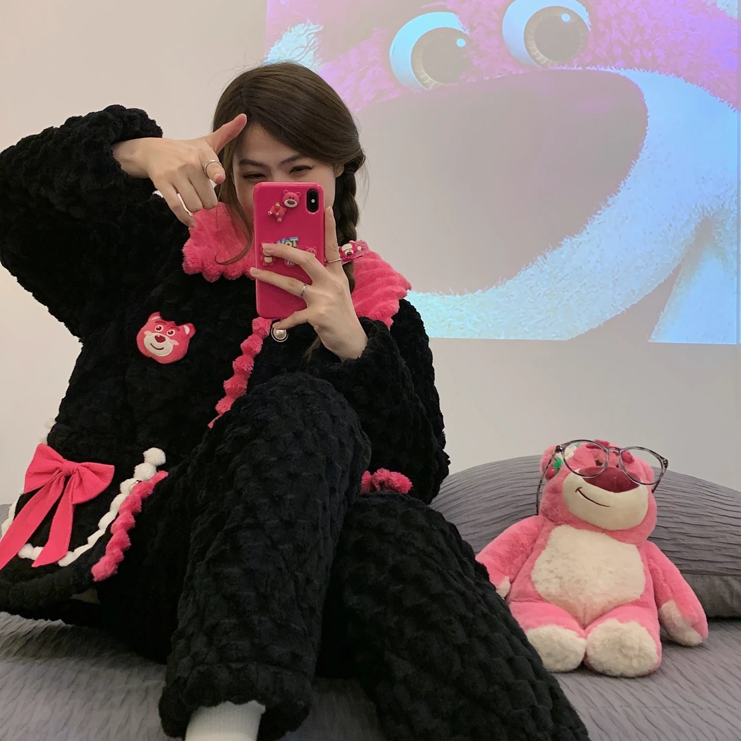 三层夹棉新款冬季长袖睡衣女黑色小熊可爱可外穿家居服套装344