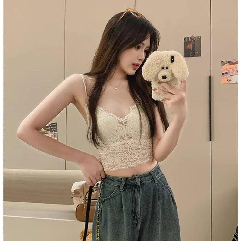 蕾丝v领卡腰小吊带背心女夏内搭美背文胸一体带胸垫外穿性感上衣