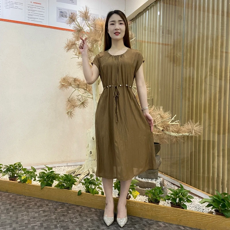 夏季新款时尚气质收腰显瘦百搭纯色短袖连衣裙女收腰系带显瘦裙子