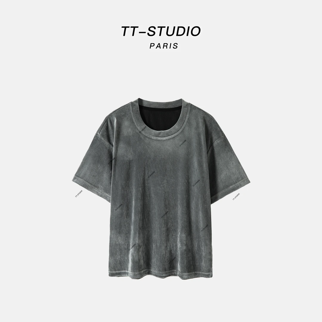 TT【黑巧】春夏新款休闲丝绒纯色短袖T恤TT-23CG0532SW