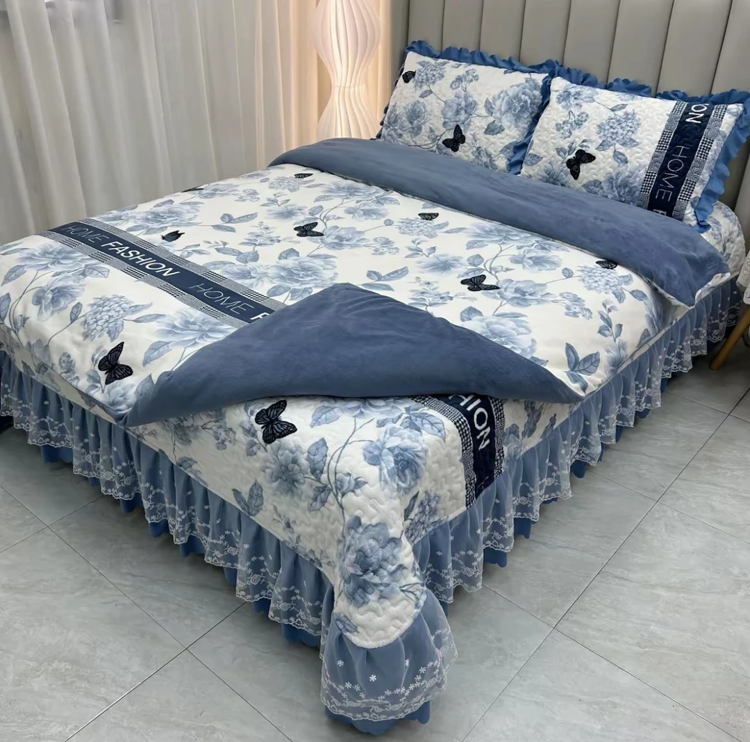 直播爆款牛奶绒印花蕾丝花边床盖床裙三件套加厚被罩牛奶绒四件套