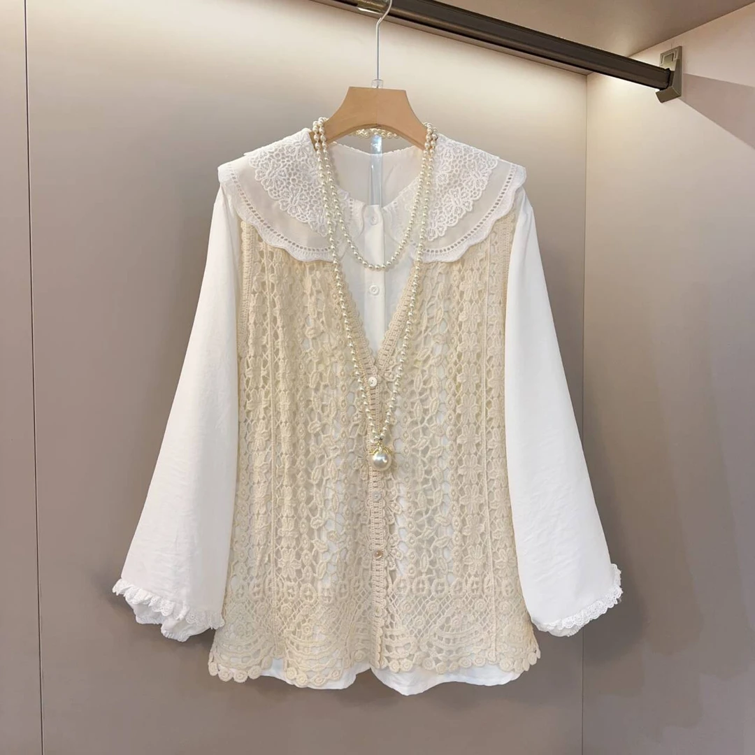 春季新款大码女装胖MM欧货时尚减龄娃娃领衬衫镂空针织马甲两件套