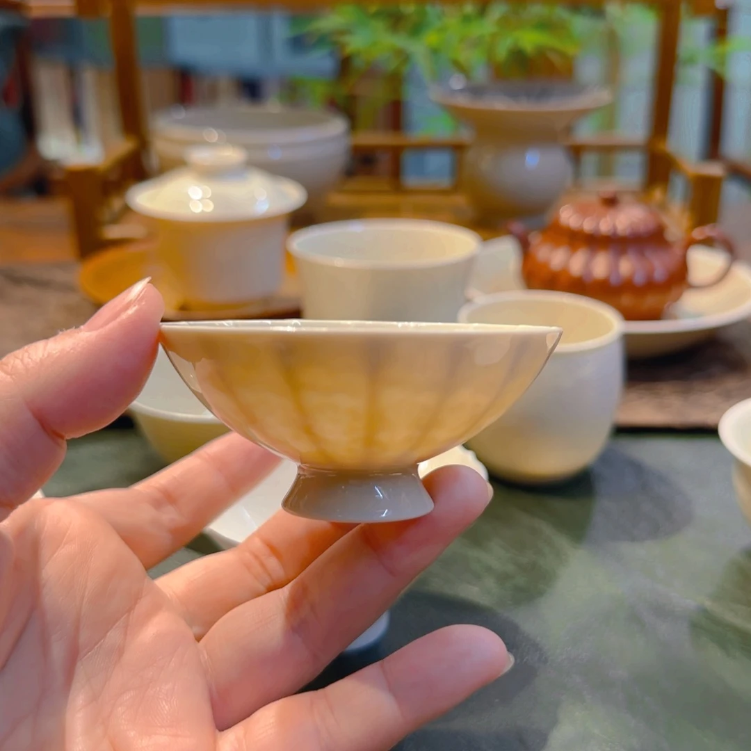 落花盏 高足薄胎内膜印 70cc仿古泥