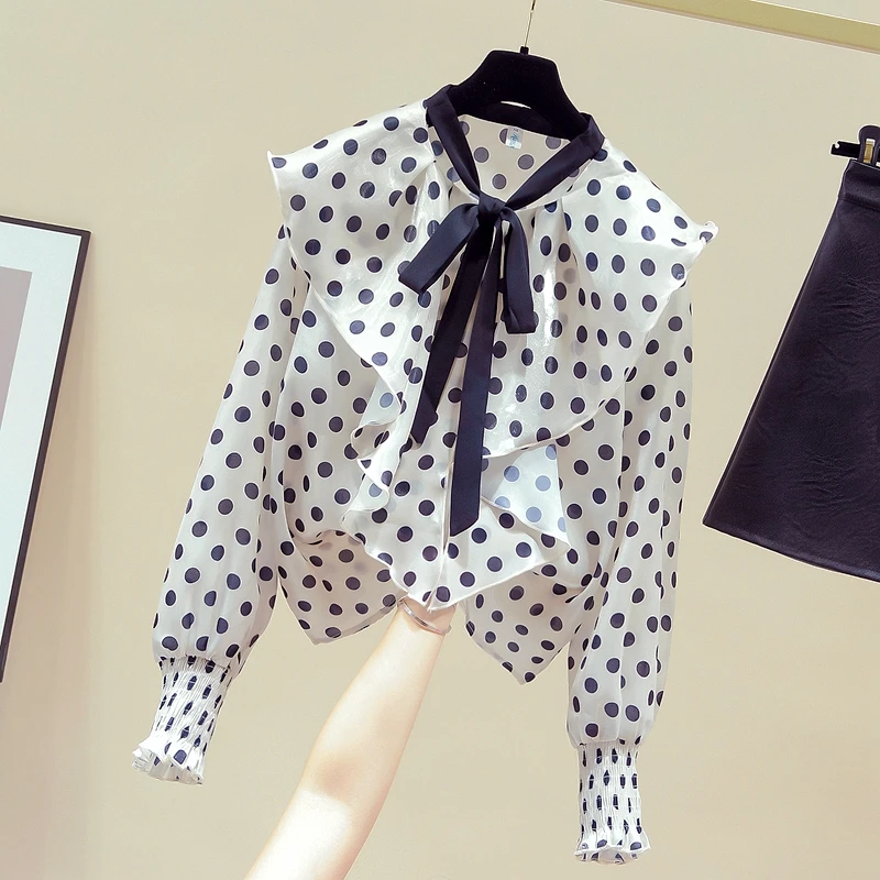 设计感系带领荷叶花边灯笼袖洋气复古波点小众衬衫女2025春秋新款