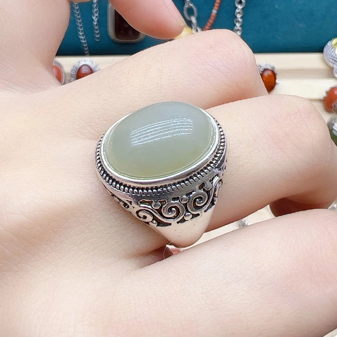 和田玉戒指银S925镶嵌