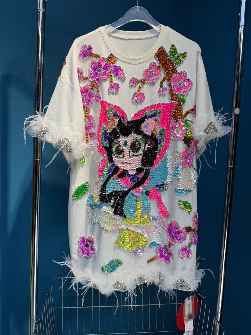 花花重工潮牌原创设计师百搭纯手工金属钻亮片钉珠连衣裙