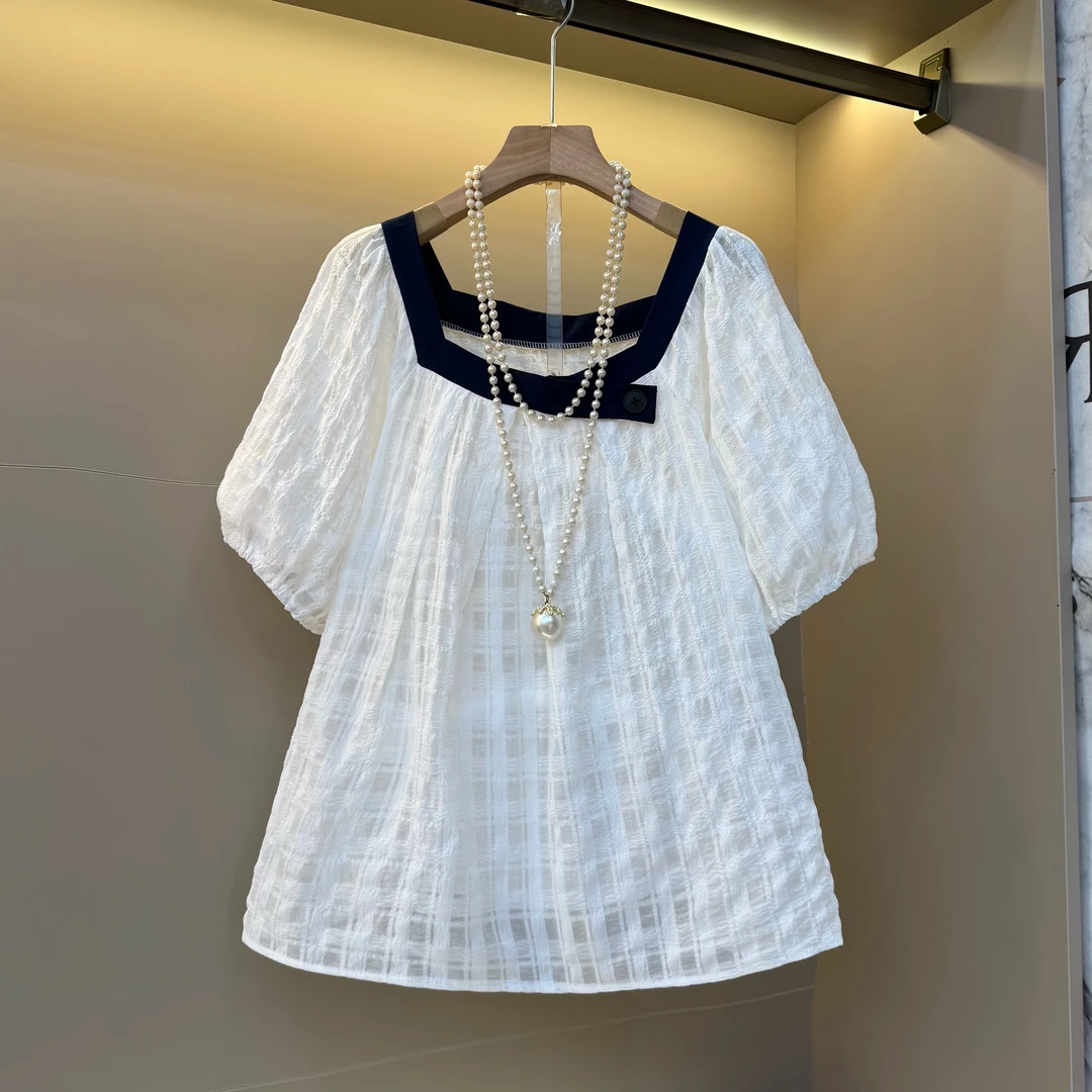 2025夏季方领撞色拼接小众设计感个性大码轻薄透气泡泡袖小衫681