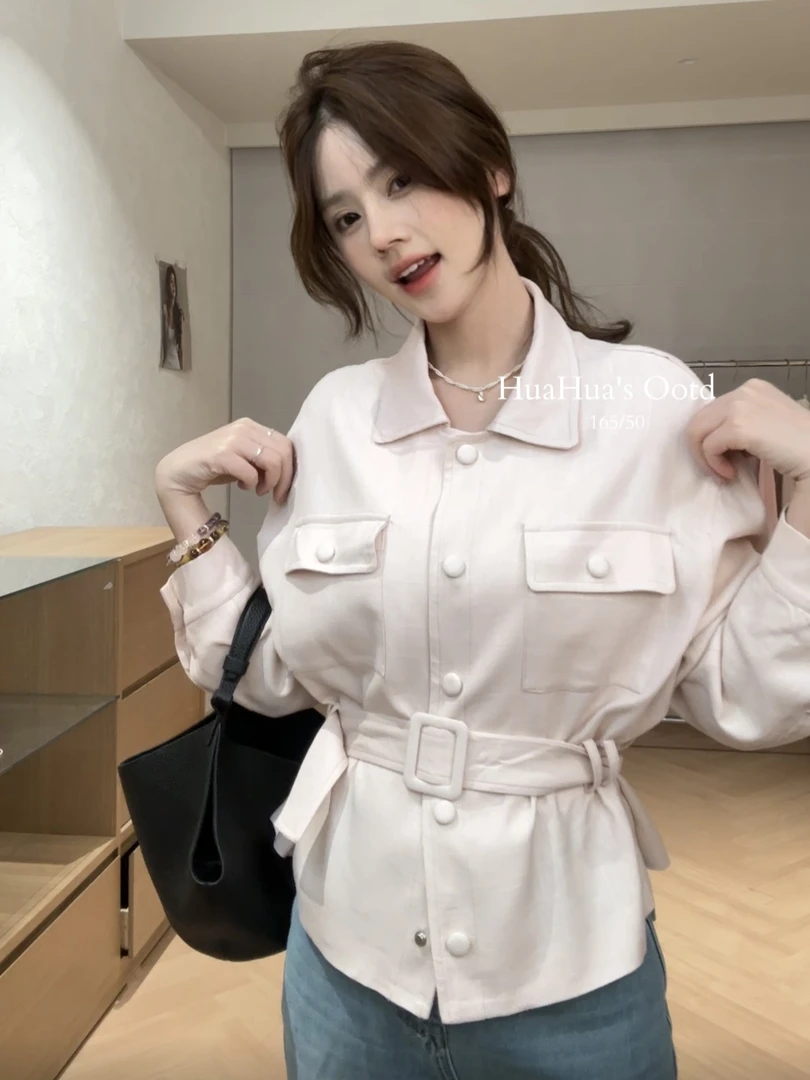 【花花】温柔粉~2025春季新款收腰显瘦长袖衬衫外套女小个子短款