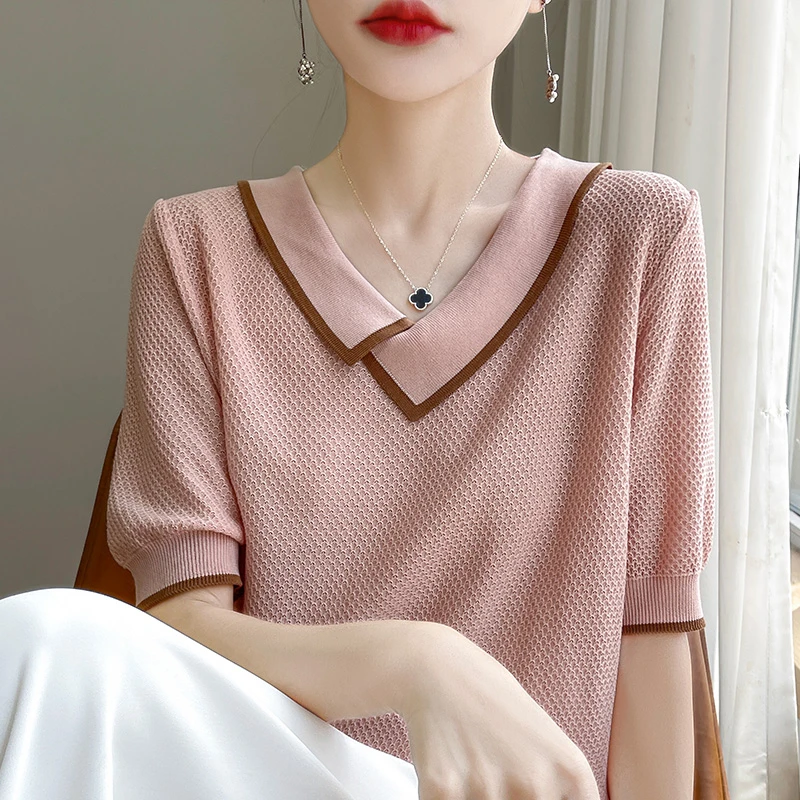 微胖mm夏季大码翻领冰丝针织衫女士短袖t恤遮肚子巨显瘦洋气上衣