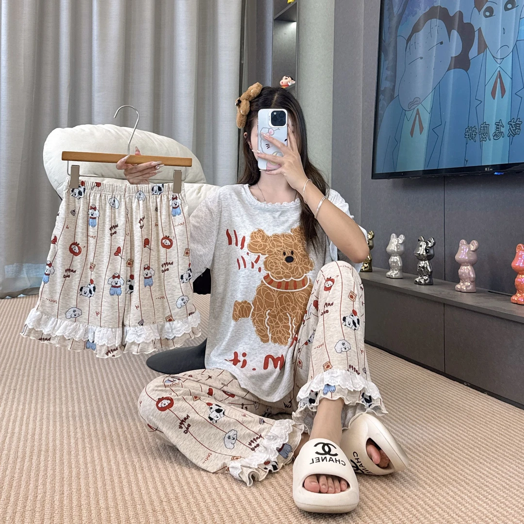 睡衣女带胸垫夏季新款短袖卡通薄款休闲宽松家居服套装-401（TZ）