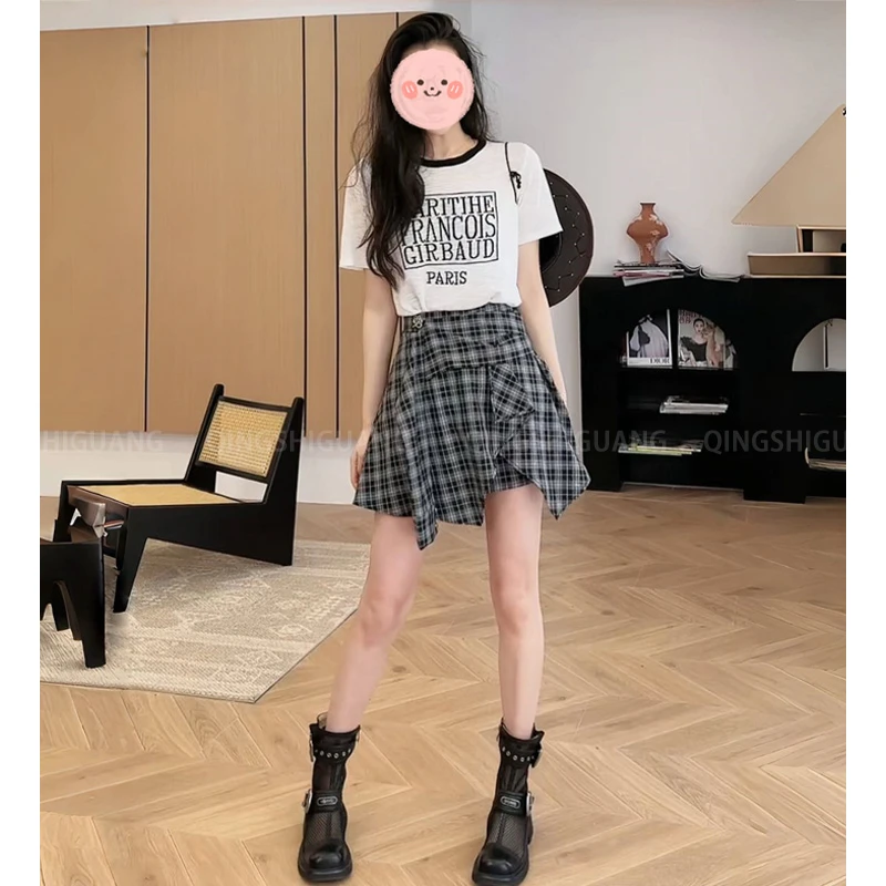 2025夏季时尚字母印花轻薄针织短袖T恤上衣显瘦百搭格子短裙套装