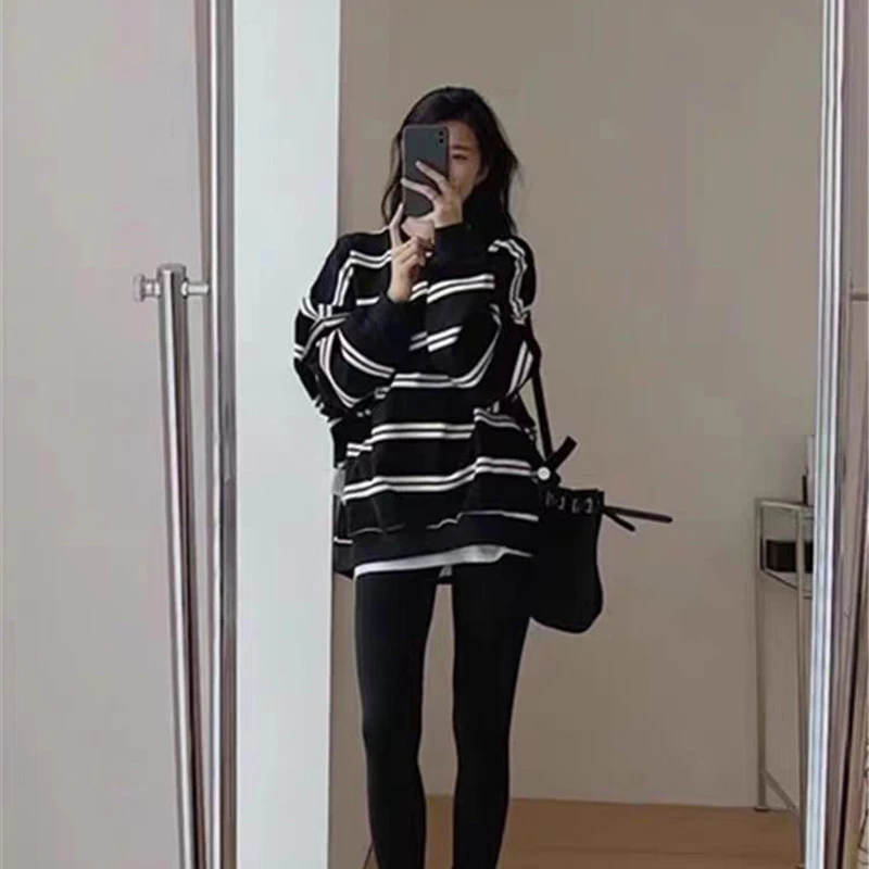 清 清 清」布拉格晨日，慵懒时髦条纹卫衣圆领休闲上衣女D00019