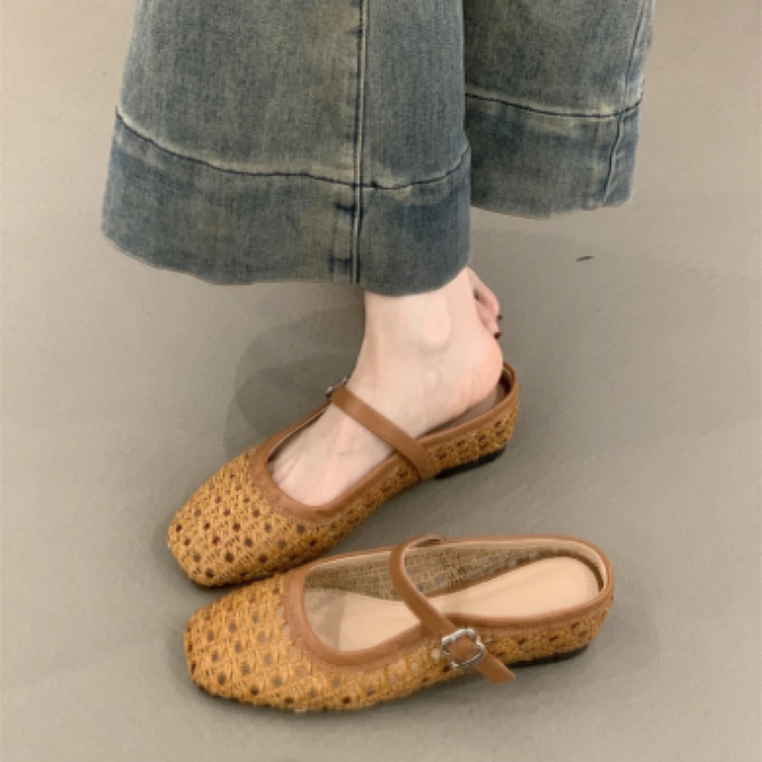 WL-1588-89镂空内增高半拖鞋2025年法式波西米亚编织玛丽珍鞋