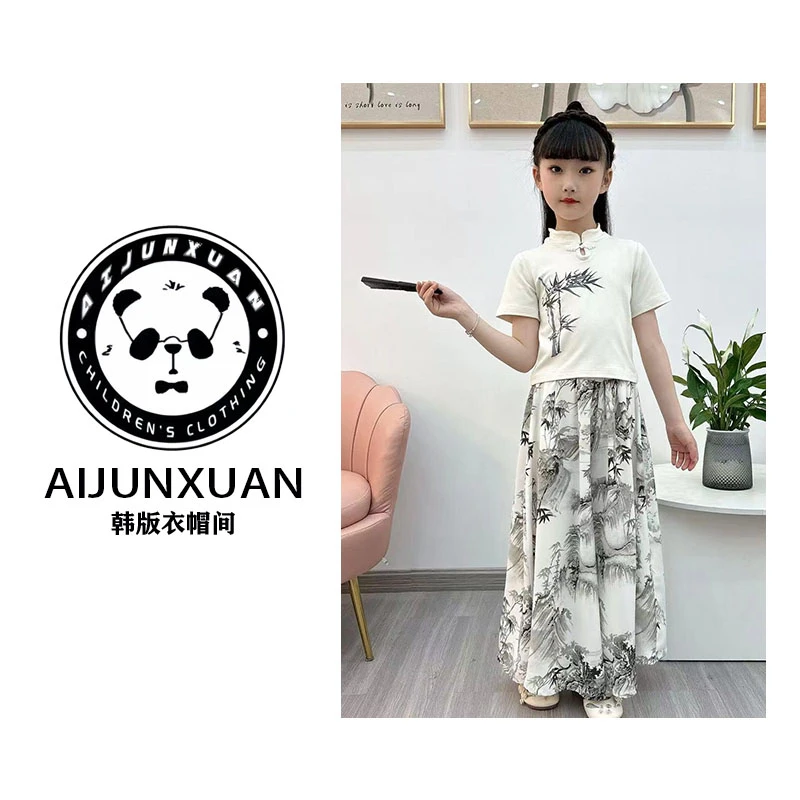 【现货】2025韩版女童新中式夏季短袖上衣水墨裙裤中大童国风两件套