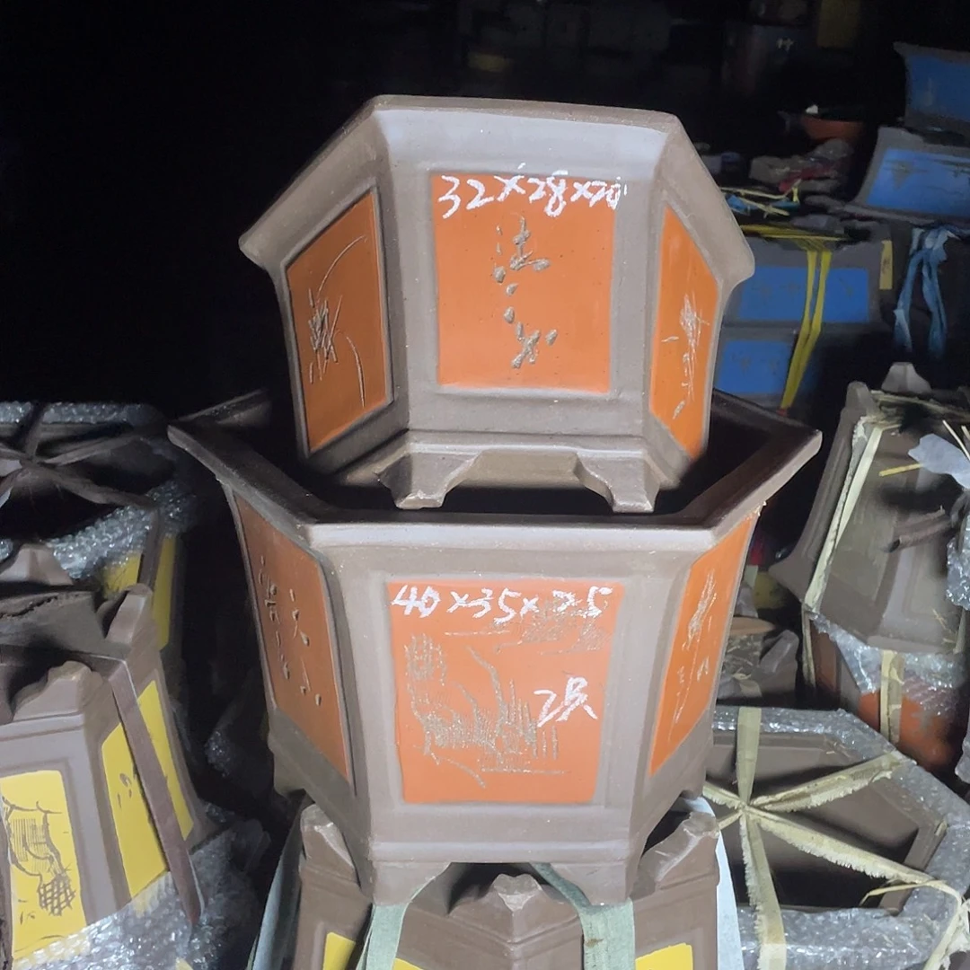 紫砂40/32六方盆一套2只