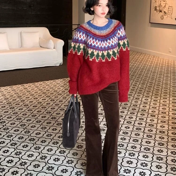 酒午2024冬季港风复古加厚灯芯绒高腰显瘦直筒喇叭休闲裤KLF4007