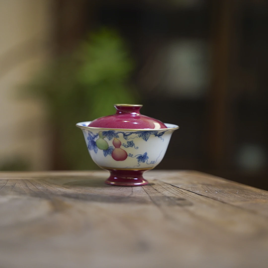 【静姐小院】套组2玫瑰红-华隐堂-五福临门小盖碗-80cc（华隐S0746）