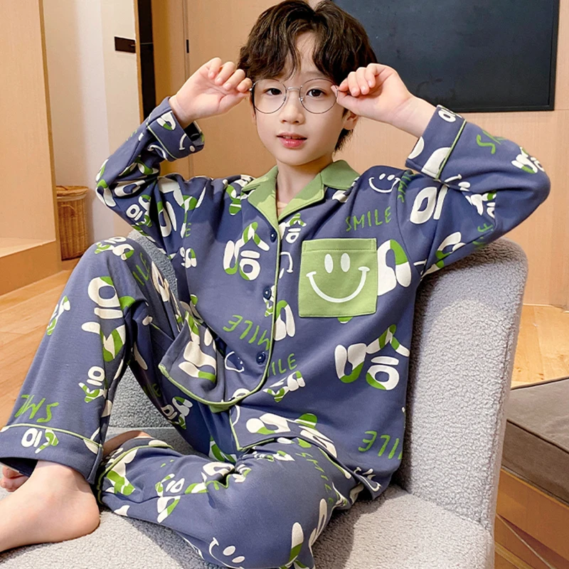 笑脸男童睡衣2025年春秋季长袖中大童男孩卡通儿童开衫家居服套装