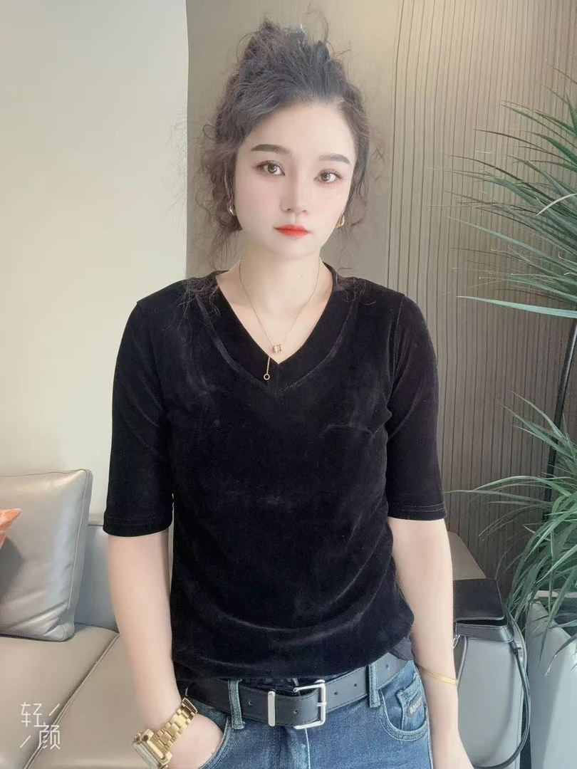 早秋新款V领时尚百搭显瘦中袖上衣女款5096