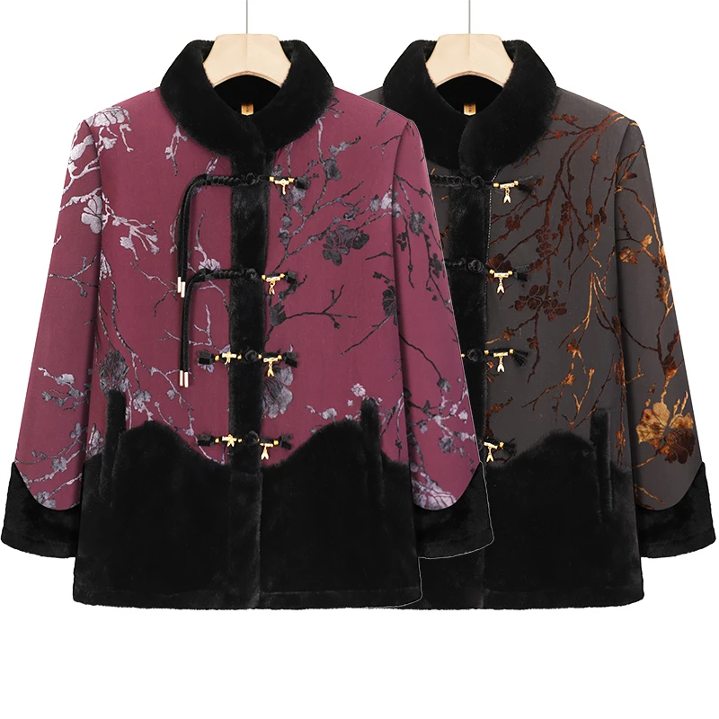 老人冬季保暖棉衣中老年人妈妈一体绒加绒外套女奶奶毛领保暖棉服